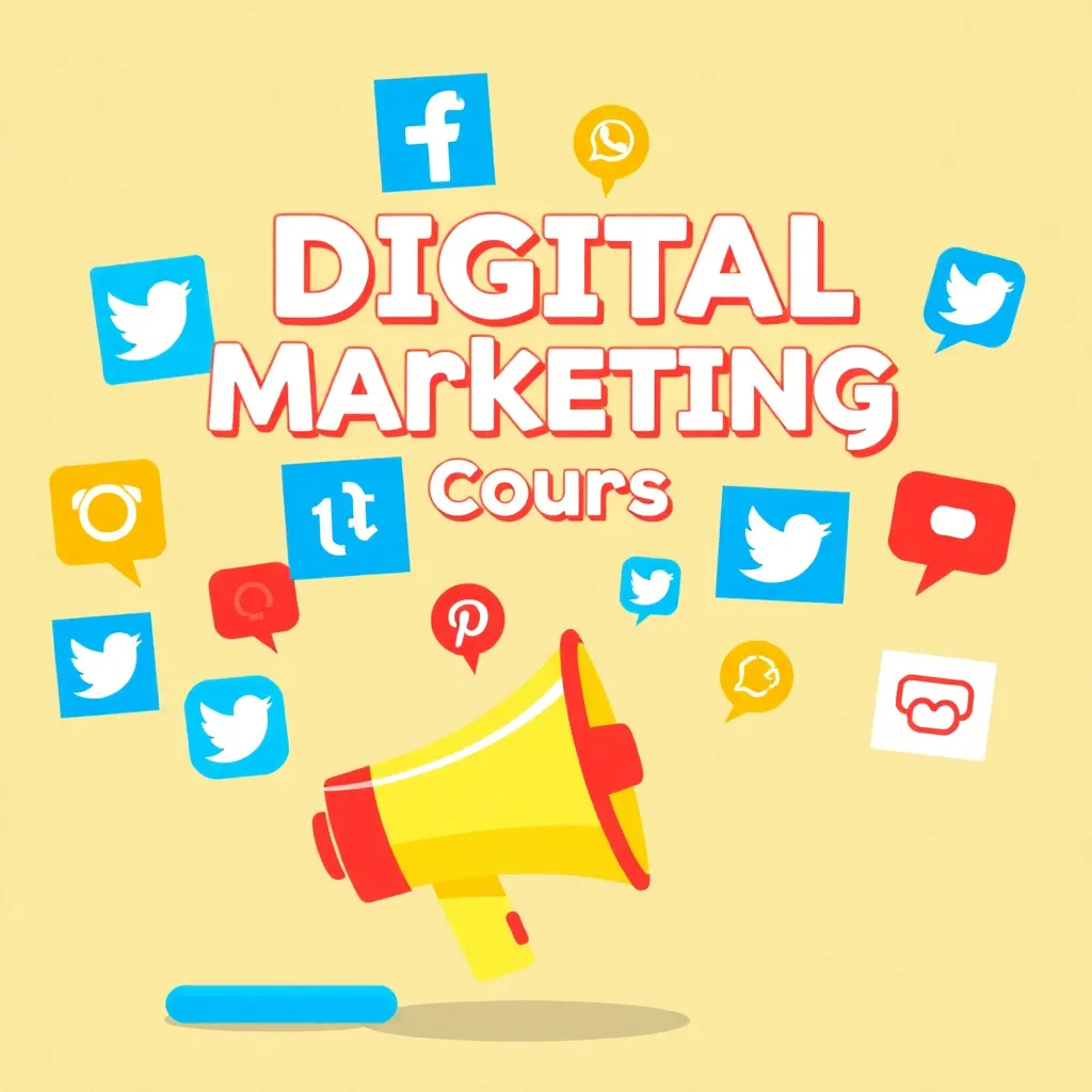 Cartoon style digital marketing course showing social media icons and megaphone
