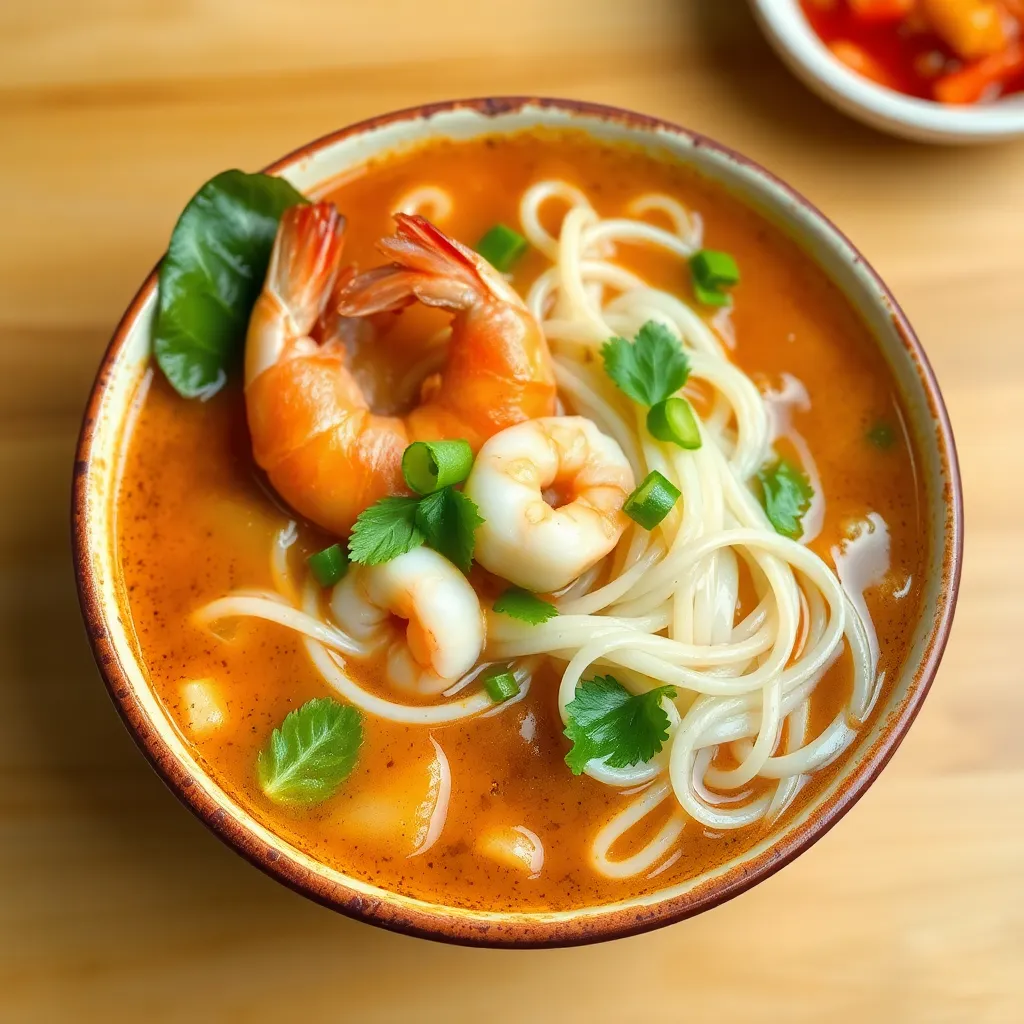 Bowl of Mie Kuah Udang with shrimp broth and noodles
