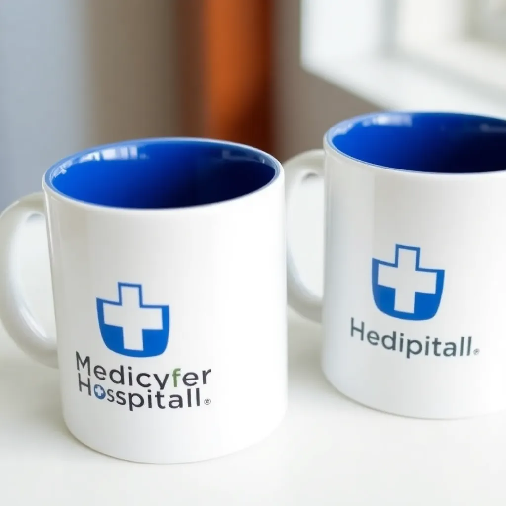 Two white coffee mugs with blue interior and Medicover Hospitals blue logo