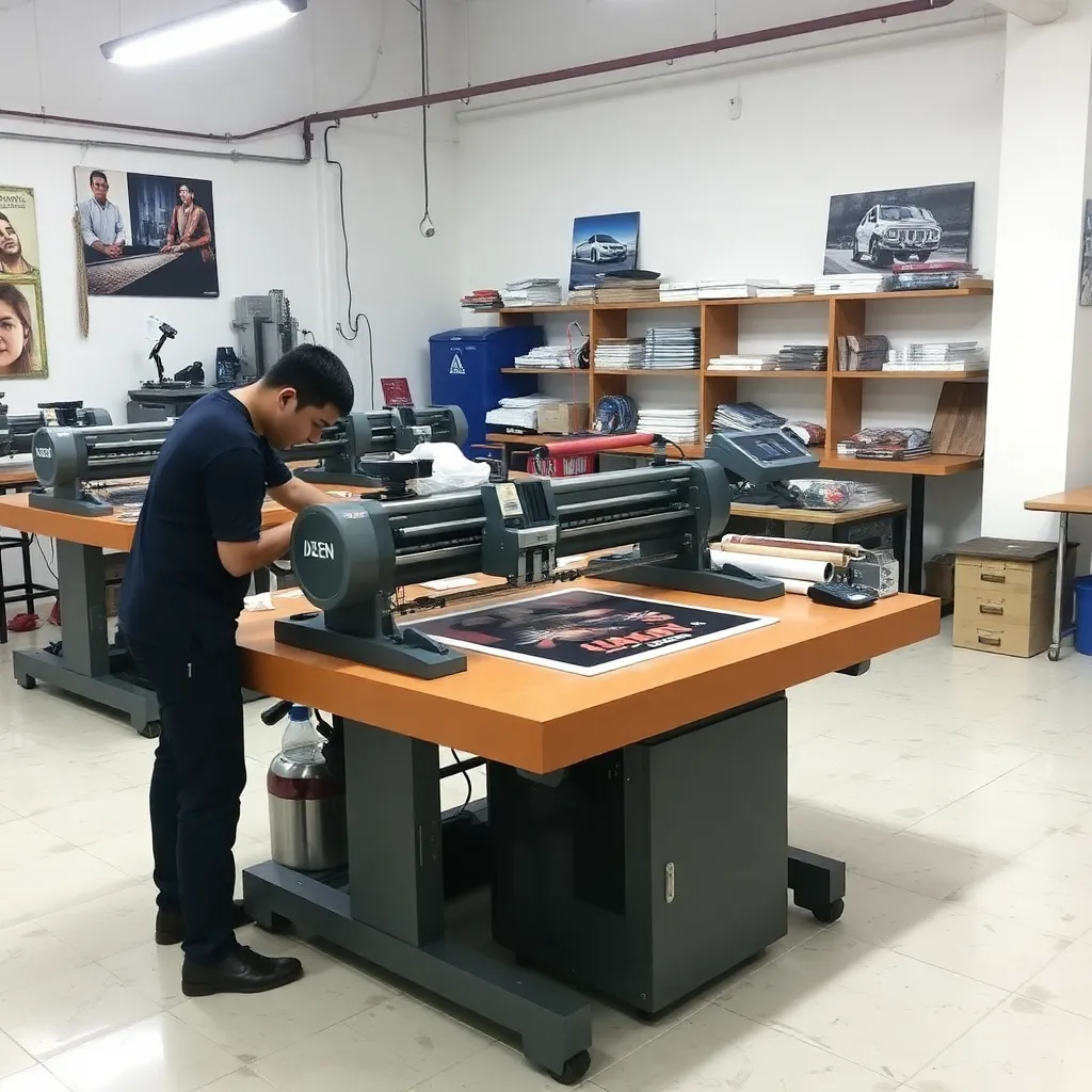 Workshop printing Aden Printing dengan mesin cetak modern dan staf bekerja