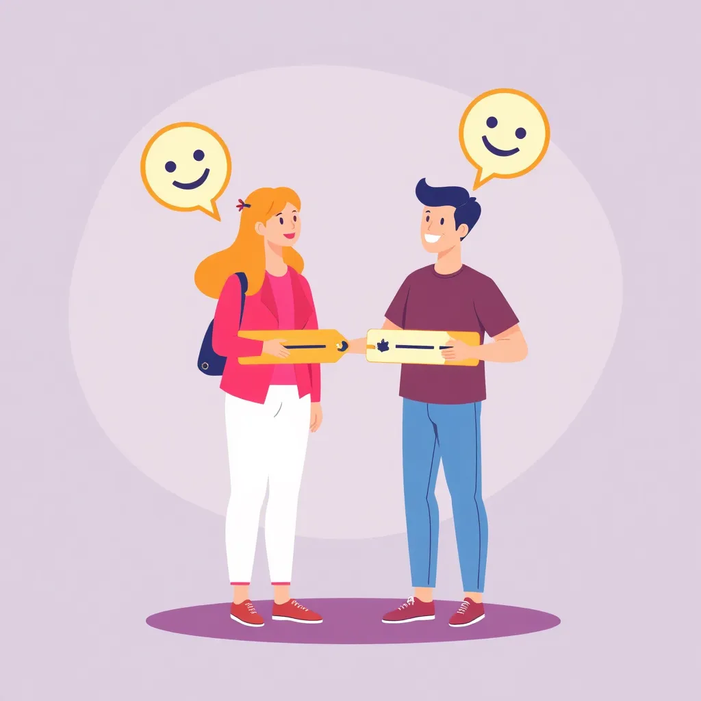 Illustration showing two friends exchanging referral links with ₹500 bonus icons and happy faces