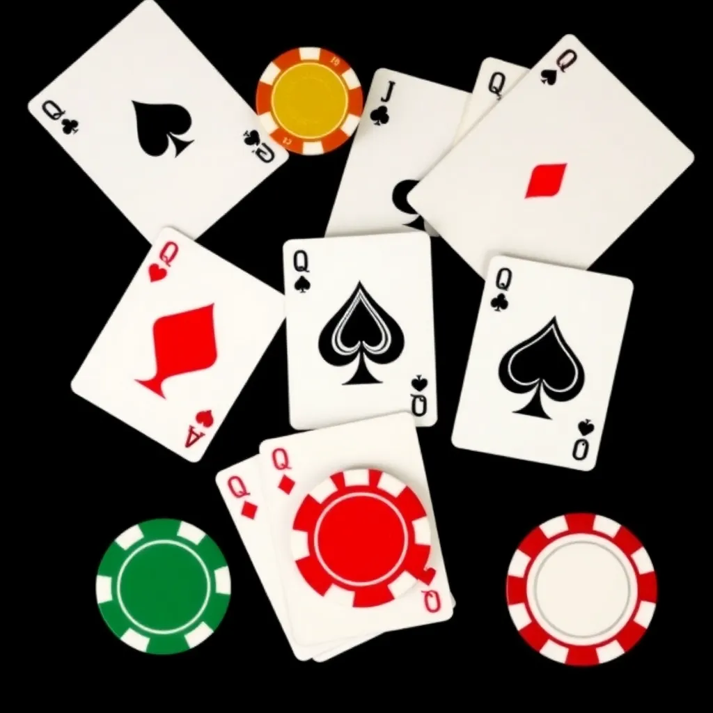 Muflis Teen Patti cards with 2, 3, 5 of spades and poker chips on black background