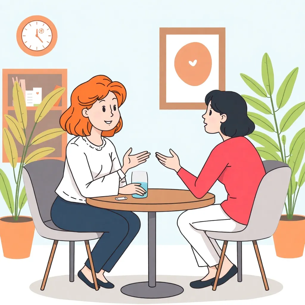 Illustration of two people sitting at a table having a counselling session