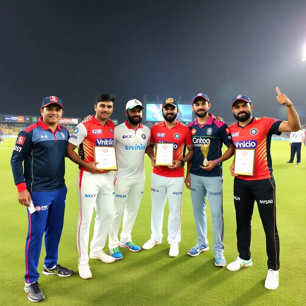 Key players of the match from RCB and DC posing with awards and celebrating on the cricket field