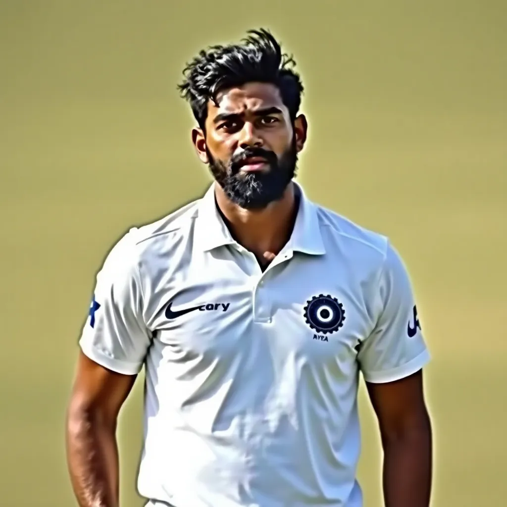 Portrait of Ravindra Jadeja, Indian all-rounder in white Test cricket uniform, tactical and focused expression