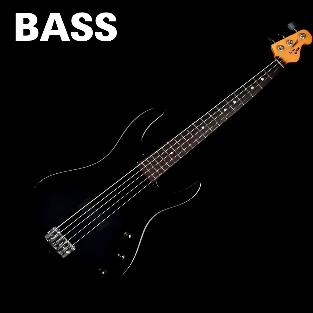 Album cover art showing a black and cyan electric bass guitar with white strings on a dark background