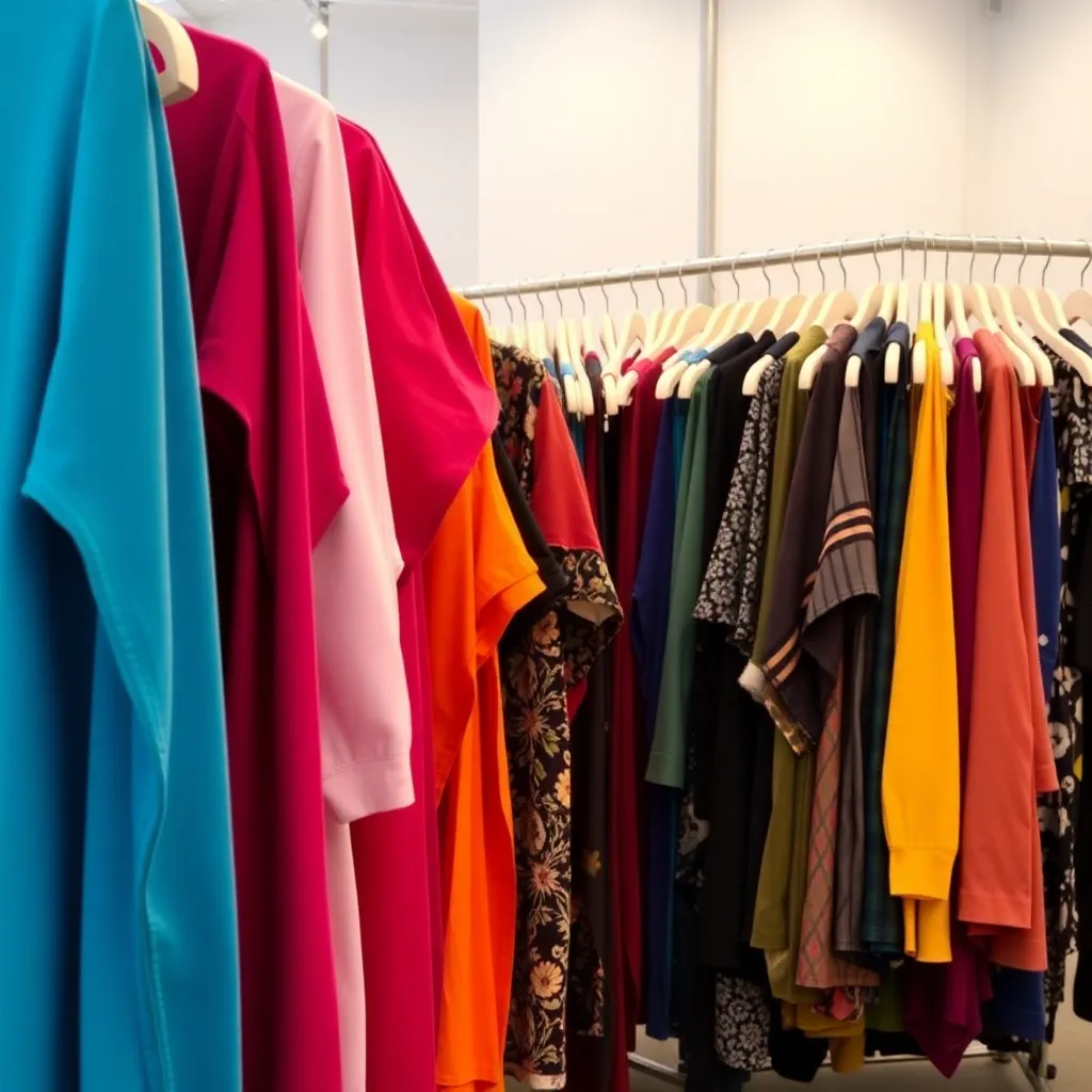 Image of colorful garments hanging on racks in a showroom