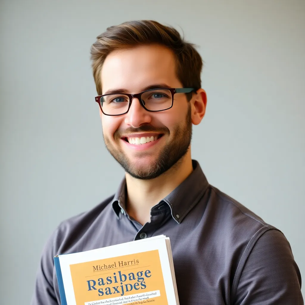 Portrait of Michael Harris, a male math and science tutor, smiling and holding a textbook
