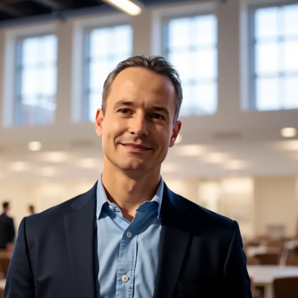 Man wearing a blue formal shirt standing in a bright room