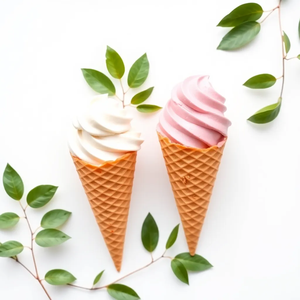 Dua cone es krim dengan rasa merah muda dan putih