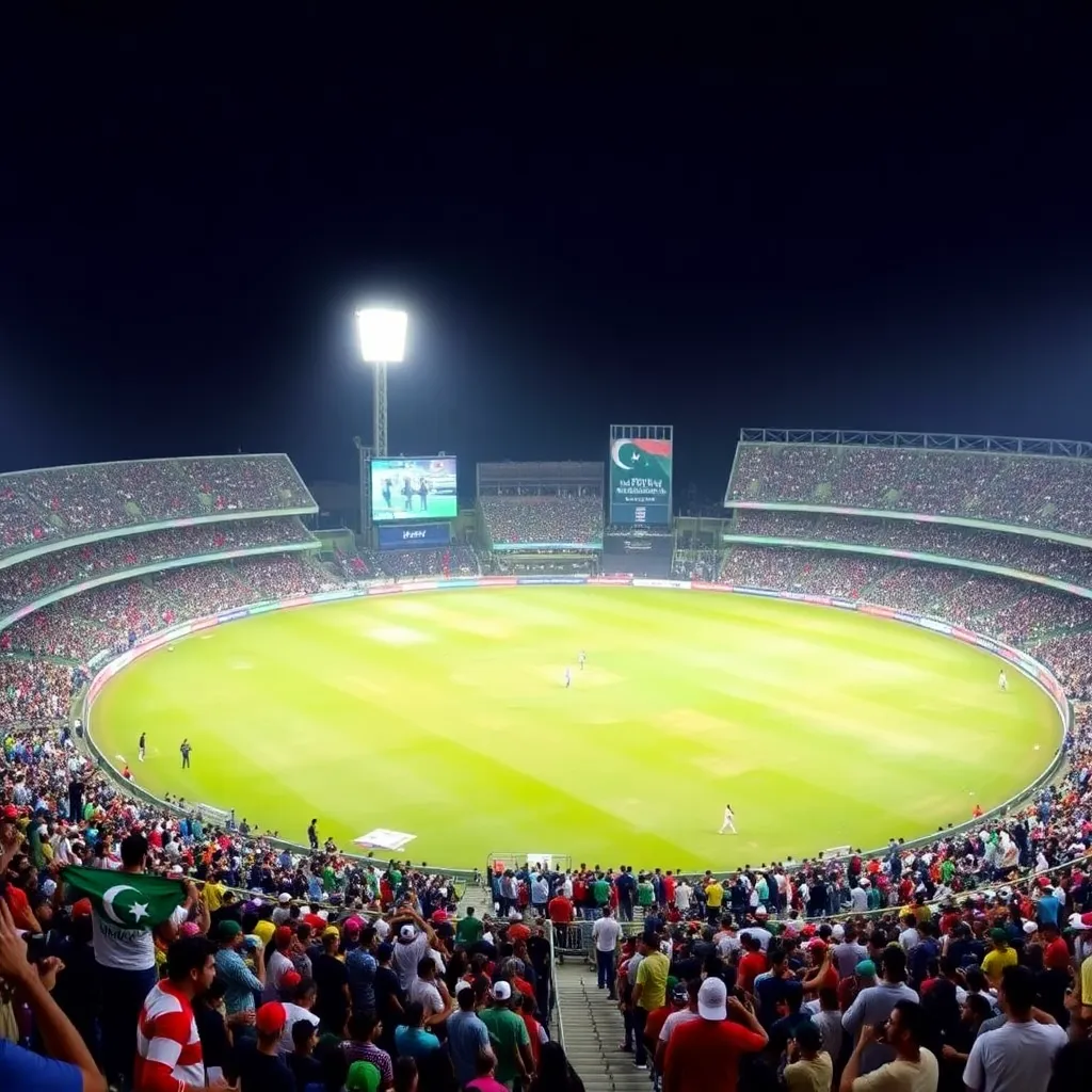 A vibrant cricket stadium filled with cheering fans during the Pakistan vs Bangladesh 3rd T20I match at Gaddafi Stadium Lahore, with players in action on the pitch under bright floodlights