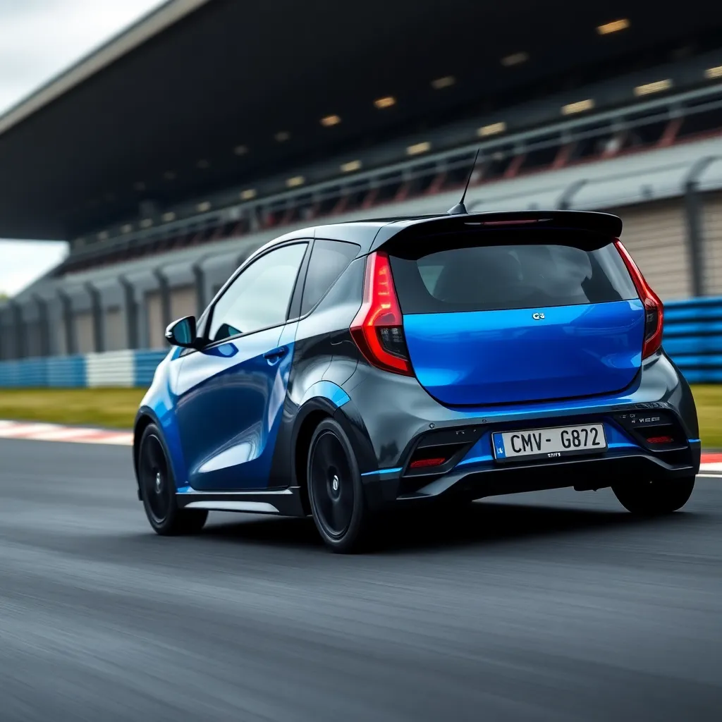 Myvi G3 sporty blue car on a race track with blurred background