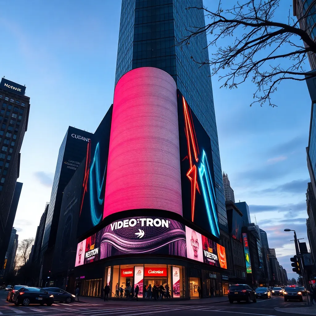 Large LED videotron display screen in an urban environment at dusk
