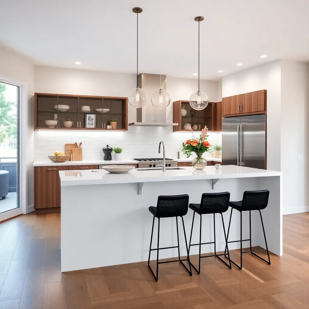 Image showing Island Kitchen Design with a modern kitchen island and stools