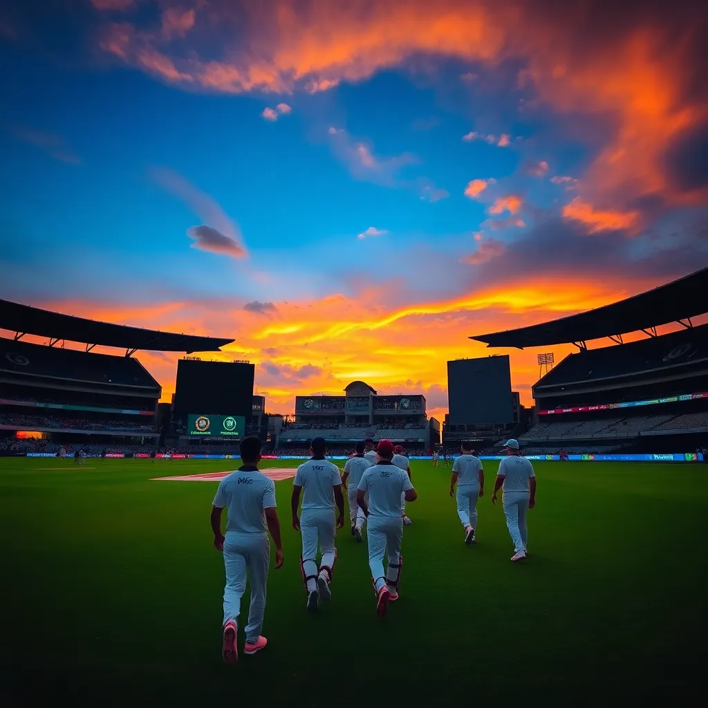 Sunset over R. Premadasa Stadium in Colombo with players walking off the field after a thrilling cricket match