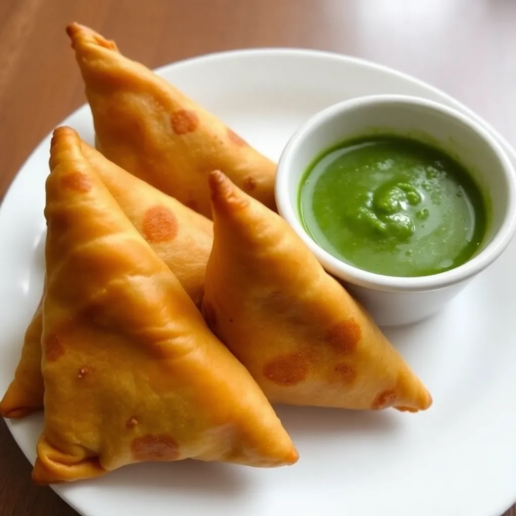 Golden fried crispy triangular Indian samosas with a side of green chutney on a white plate
