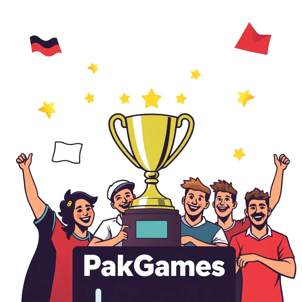 PakGames logo with a trophy and happy diverse users celebrating online prediction game success