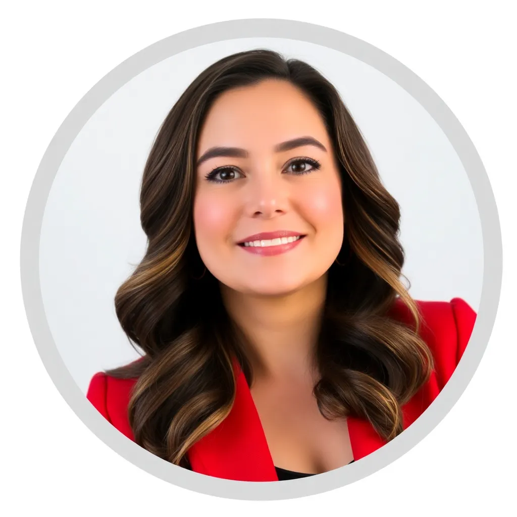 Portrait of woman with long wavy hair wearing a red blazer inside a white circle with gray border