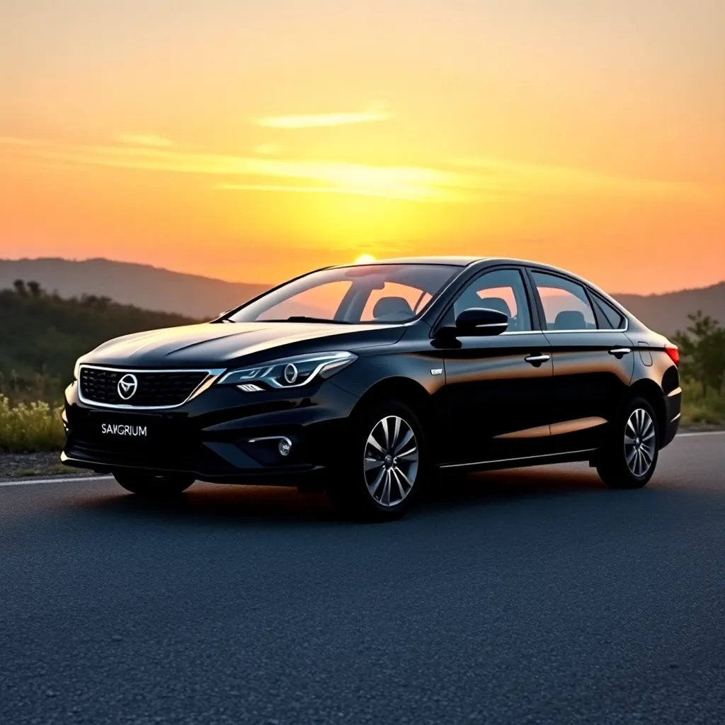 Saga Premium black sedan parked on a scenic road with sunset background
