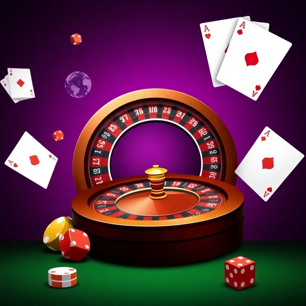 Universe Casino banner with roulette wheel, playing cards, and dice on purple background