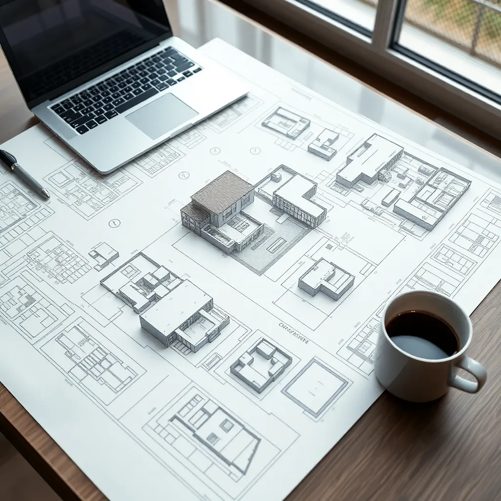 Architectural blueprints and 3D renderings spread on a desk with a laptop and coffee cup