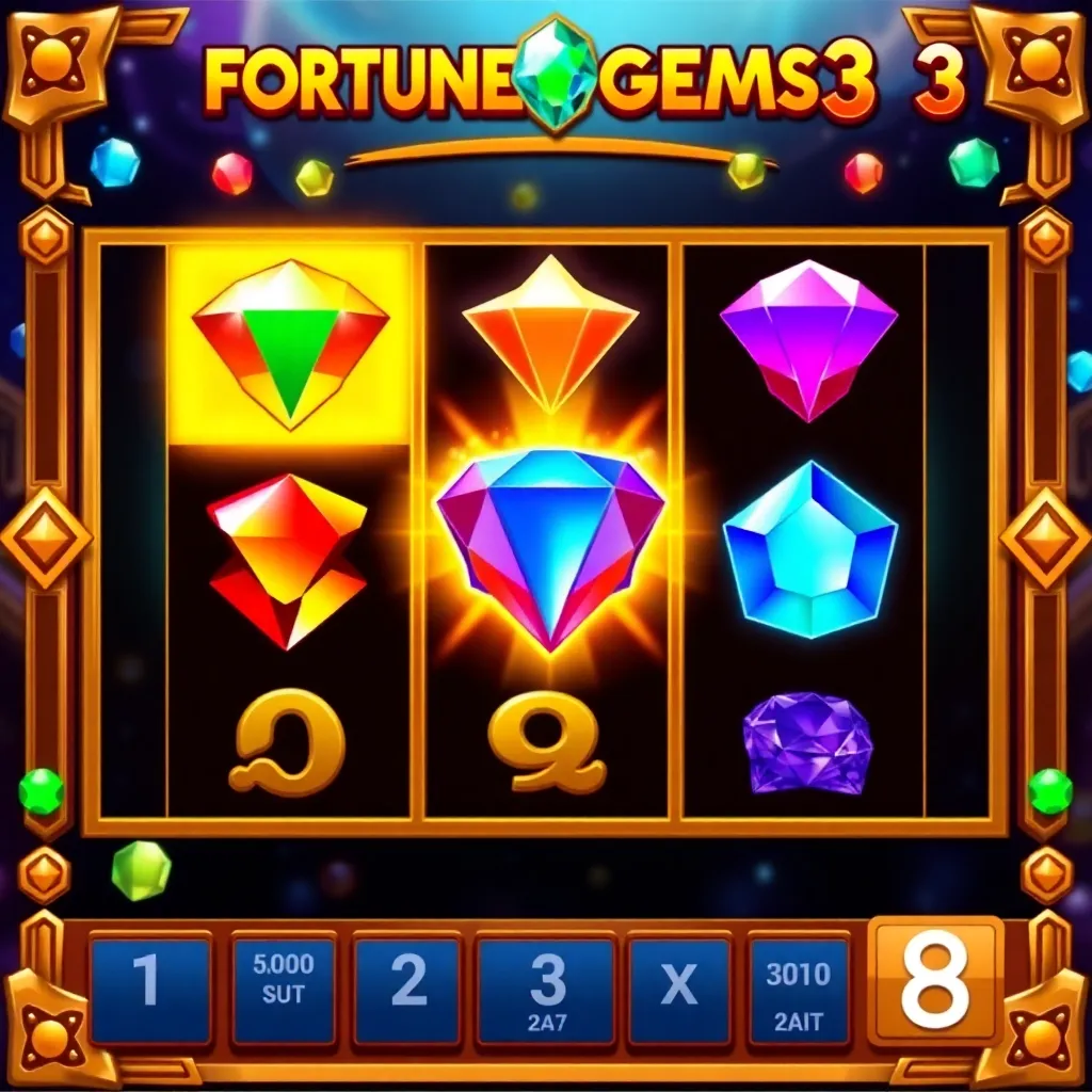 Fortune Gems 3 slot game screen with colorful gems, split symbols, and multiplier reels gameplay