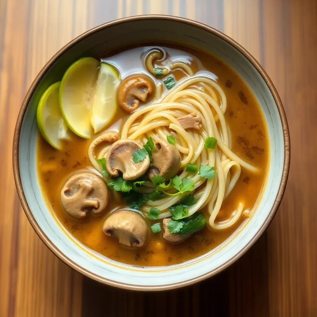 Bowl of Mie Kuah Jamur with mushroom broth and noodles