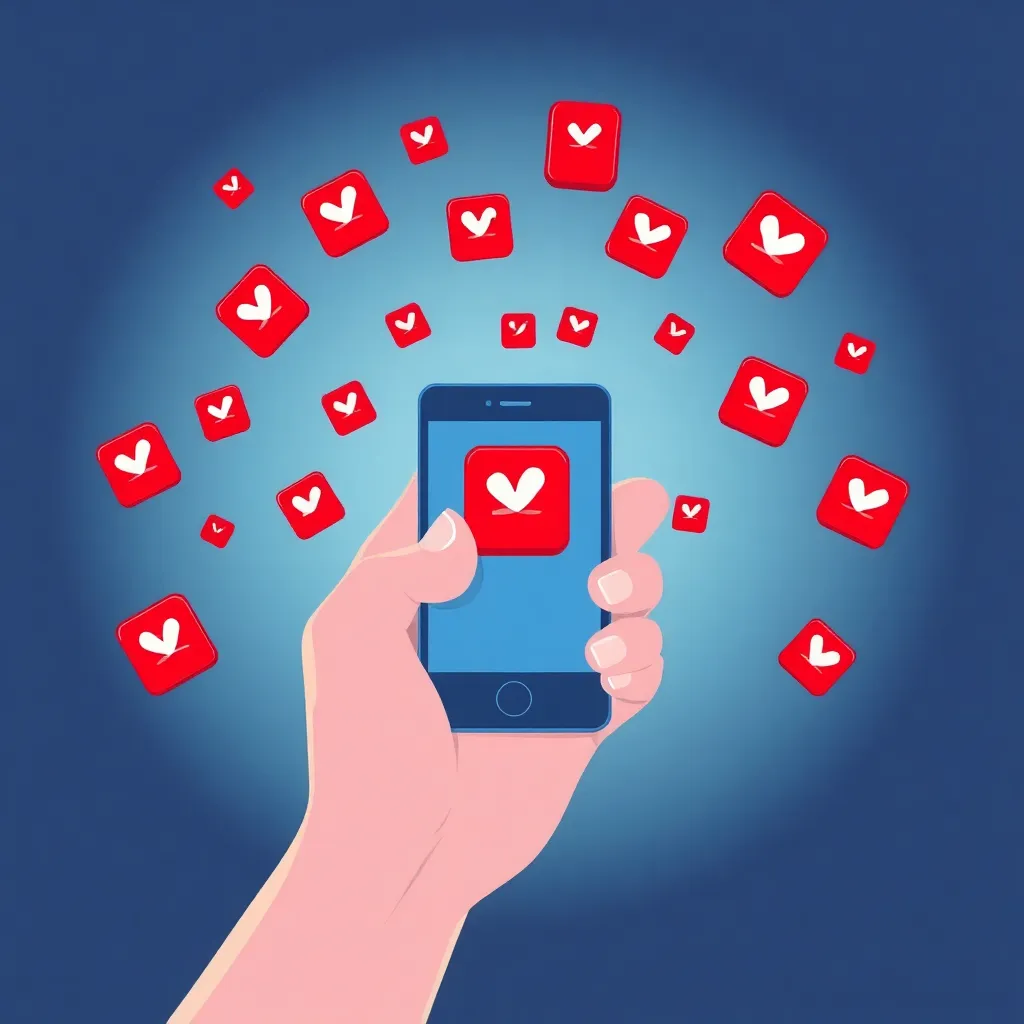 Illustration of a hand holding a smartphone with red mobile top-up icons floating around