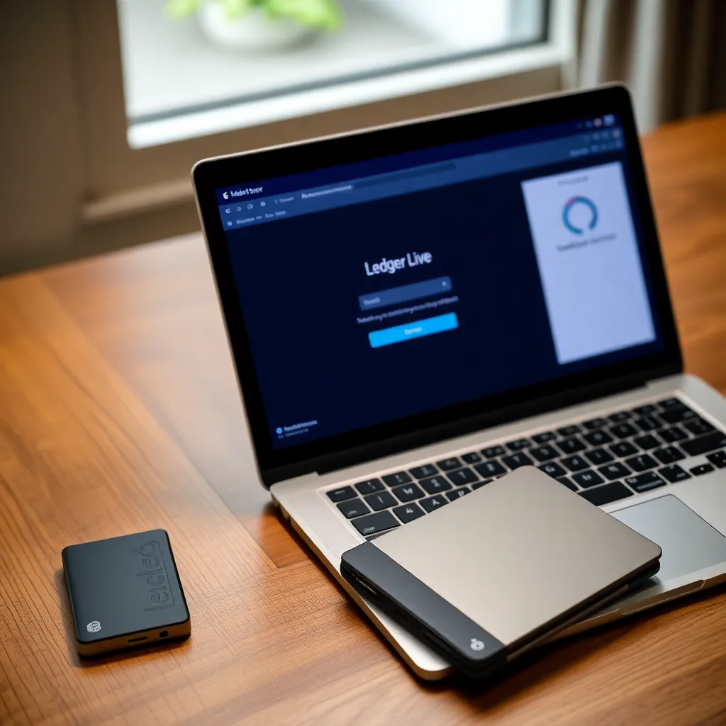 Ledger Live login interface displayed on a modern laptop screen with a Ledger hardware wallet device next to it on a wooden desk