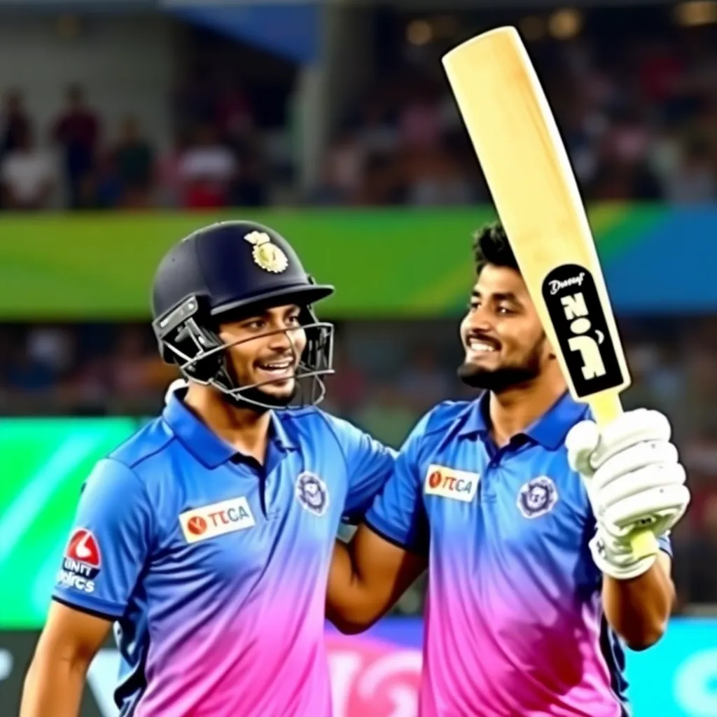 Shubman Gill celebrating his century with Wriddhiman Saha during the IPL 2025 Final at a packed stadium