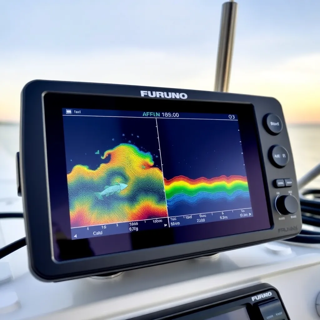 Furuno FCV-1900 fish finder display on boat console, showing sonar imaging and fish detection