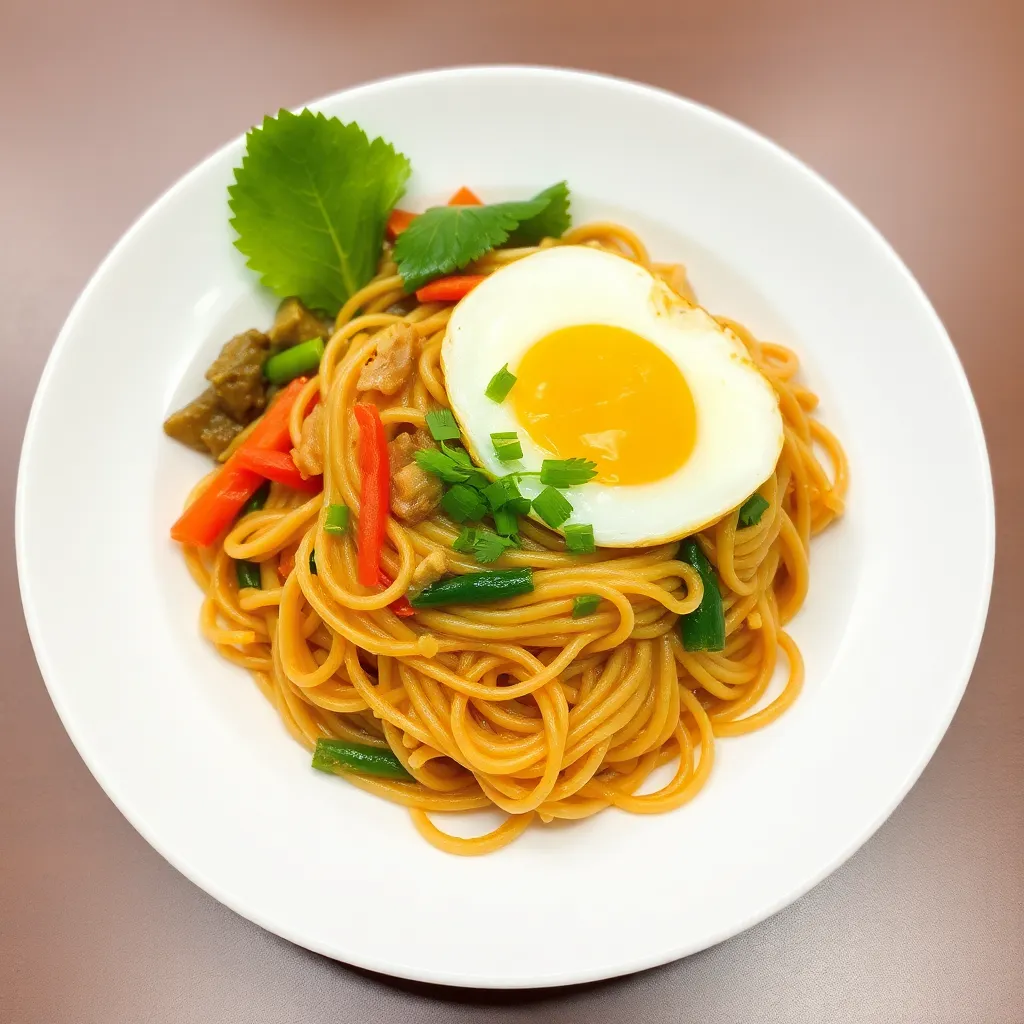 Plate of Mie Tek Tek Spesial with noodles, vegetables, and egg on white ceramic plate