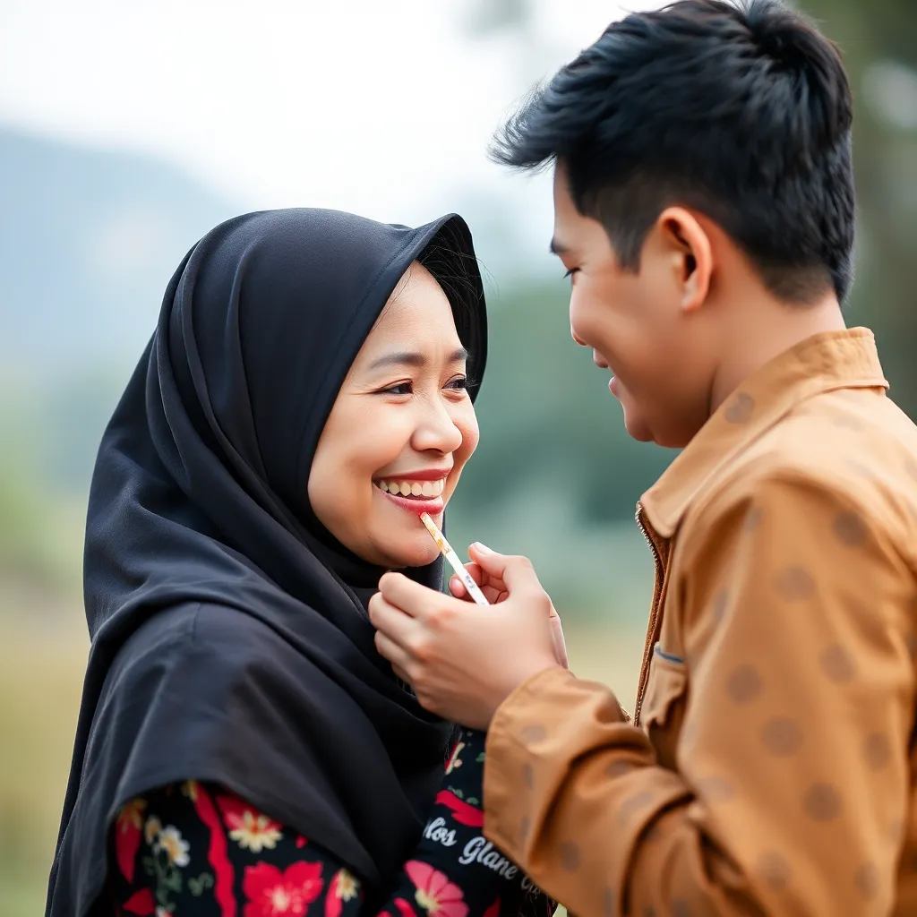Foto close-up wanita muda tersenyum dengan latar belakang outdoor natural