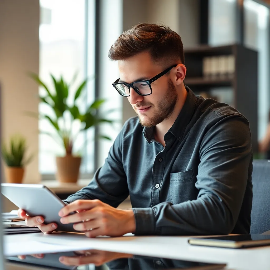 Man with glasses using a tablet in an office environment