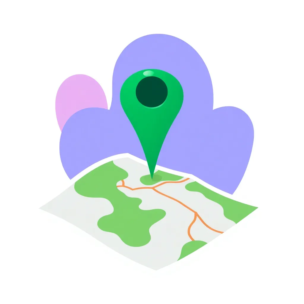 Illustration of a folded map with a green location pin on top, abstract shapes behind