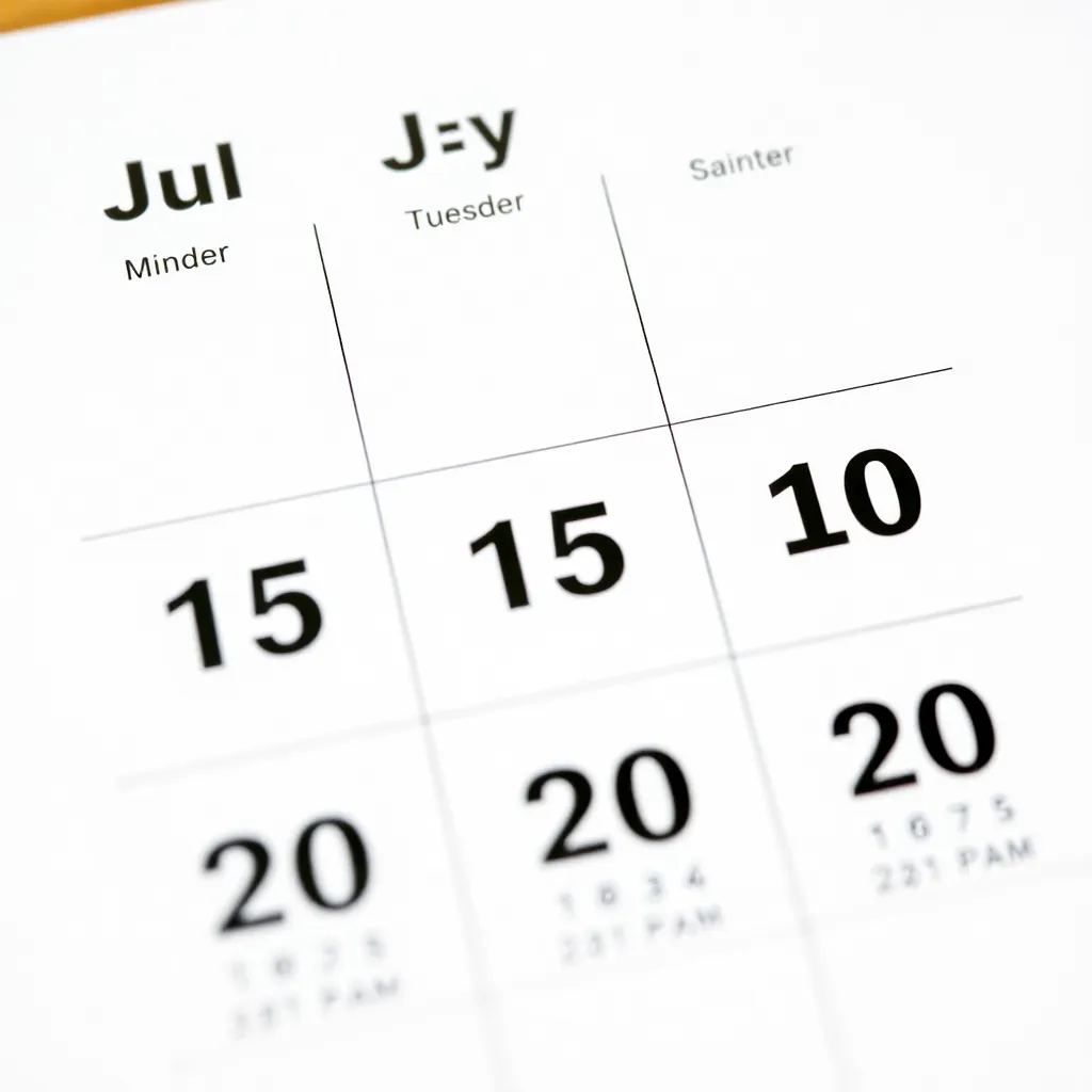Calendar page showing dates July 15 to 20 highlighted in bright colors