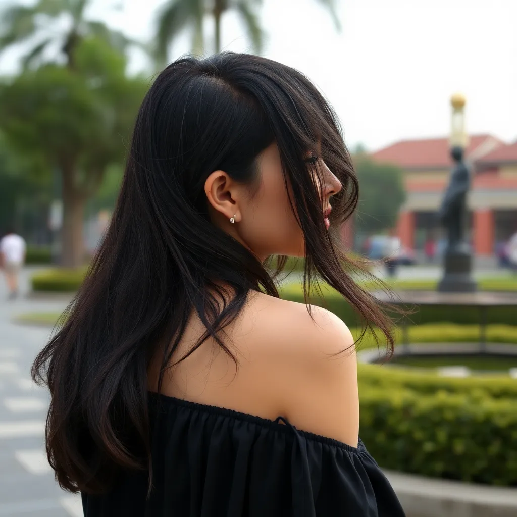 Foto profil seorang wanita paruh baya dengan rambut pendek tersenyum di latar belakang taman kota