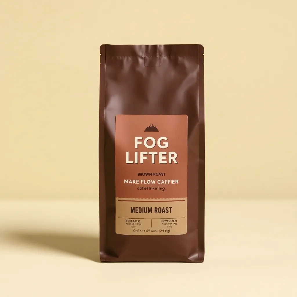 Brown pouch packaging labeled Fog Lifter Medium Roast coffee, matte finish with clear text