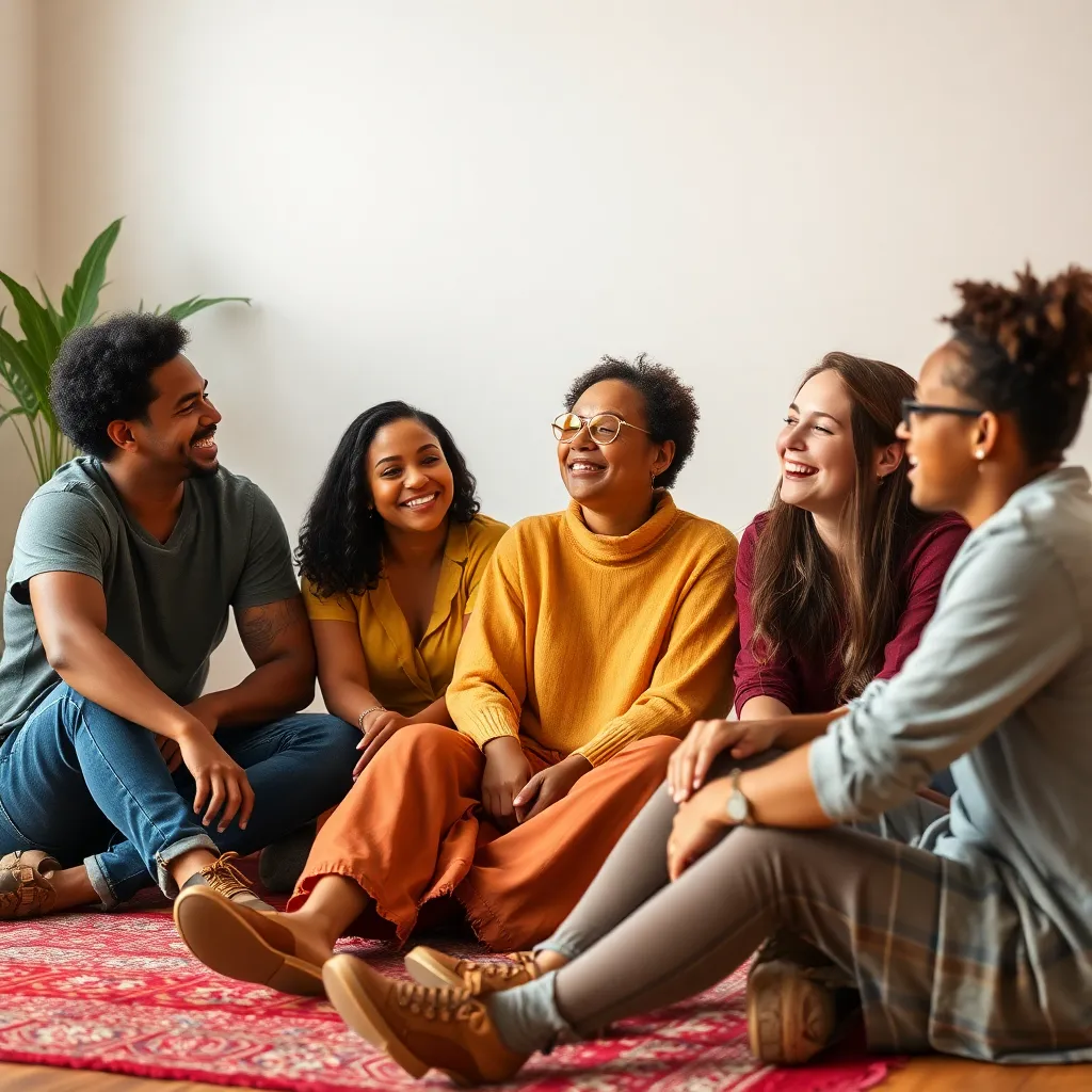 Group of diverse people sitting on floor smiling and chatting