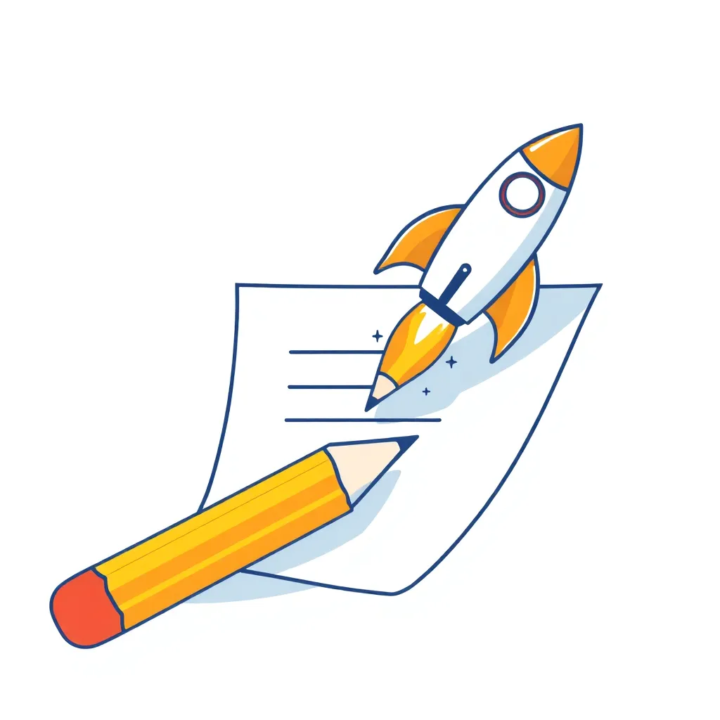 Illustration of a pencil and paper with a rocket in blue and yellow colors