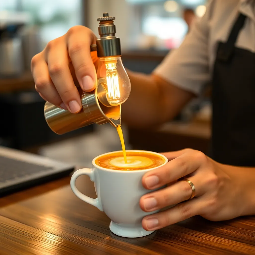 Barista menuangkan kopi espresso ke dalam cangkir kecil dengan latar belakang lampu senja