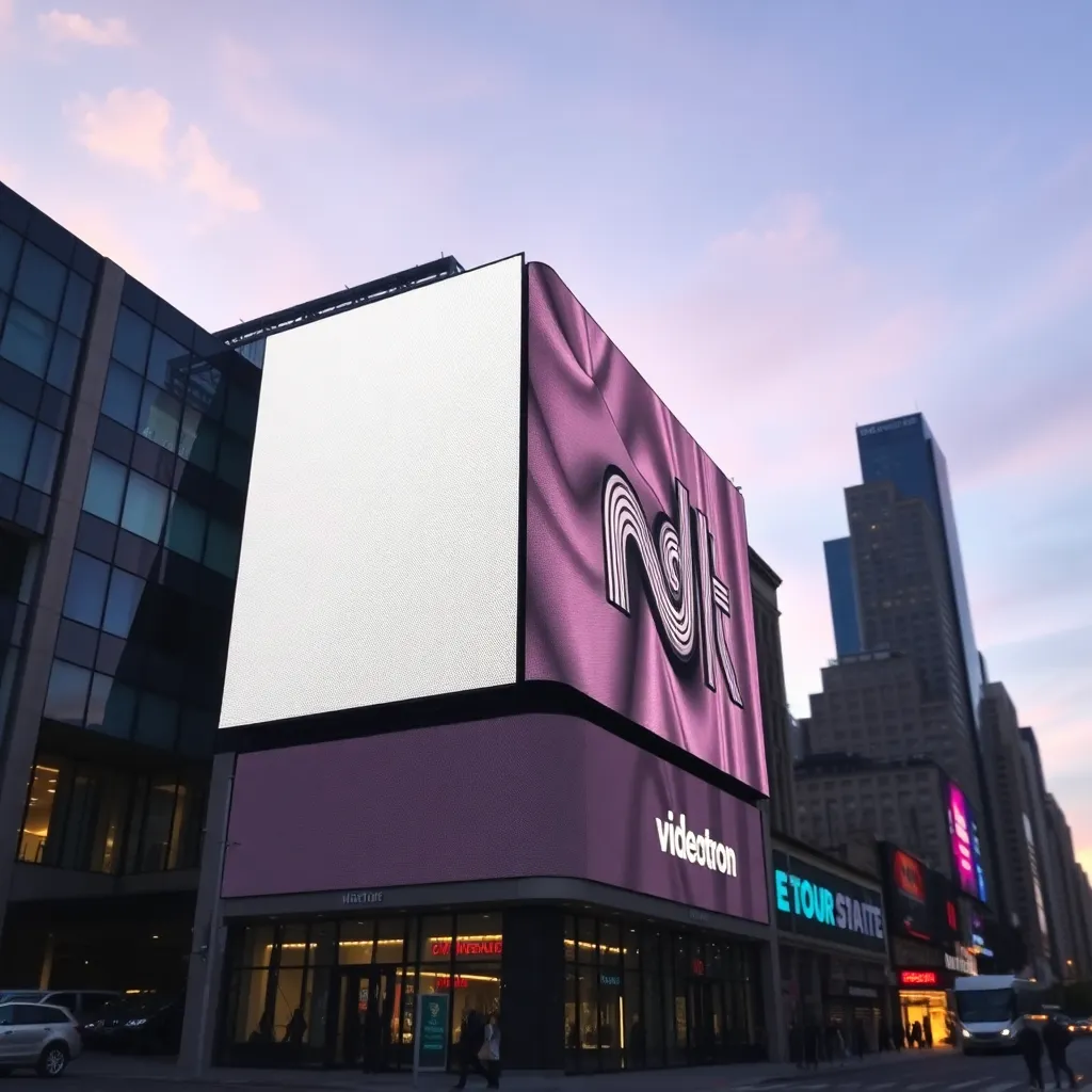 Large LED videotron display screen in an urban environment at dusk with white elements
