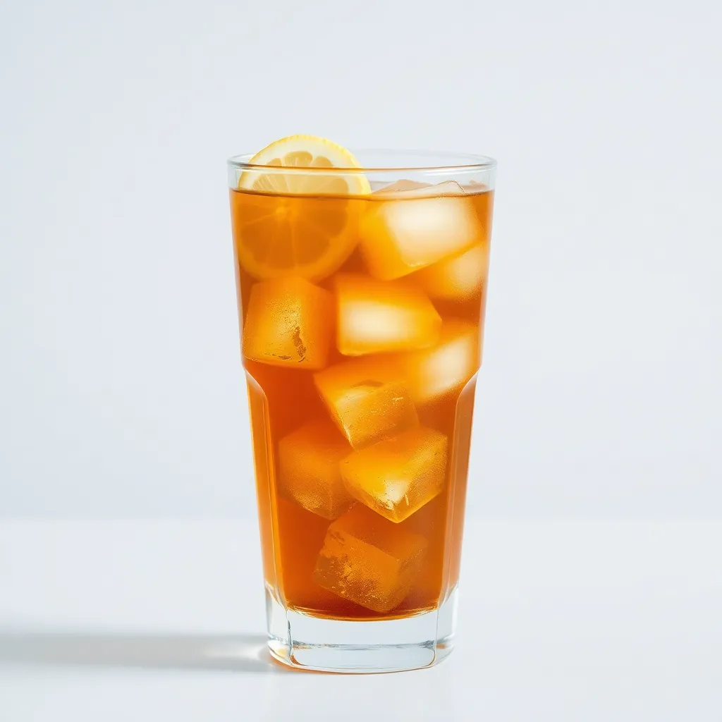 Glass of iced sweet tea with ice cubes and lemon slice on transparent glass