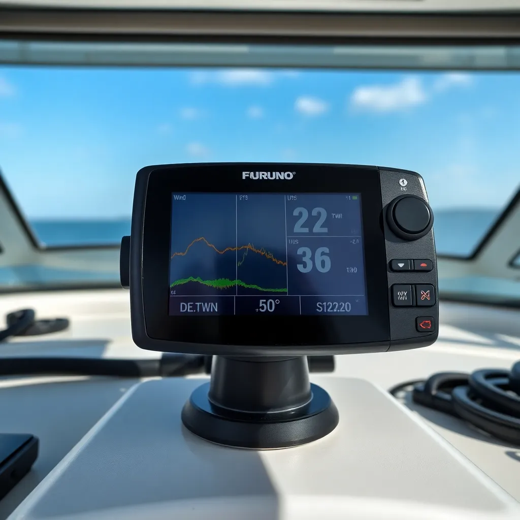 Furuno FI-70 multi-function instrument display showing wind, depth, and speed data on boat dashboard