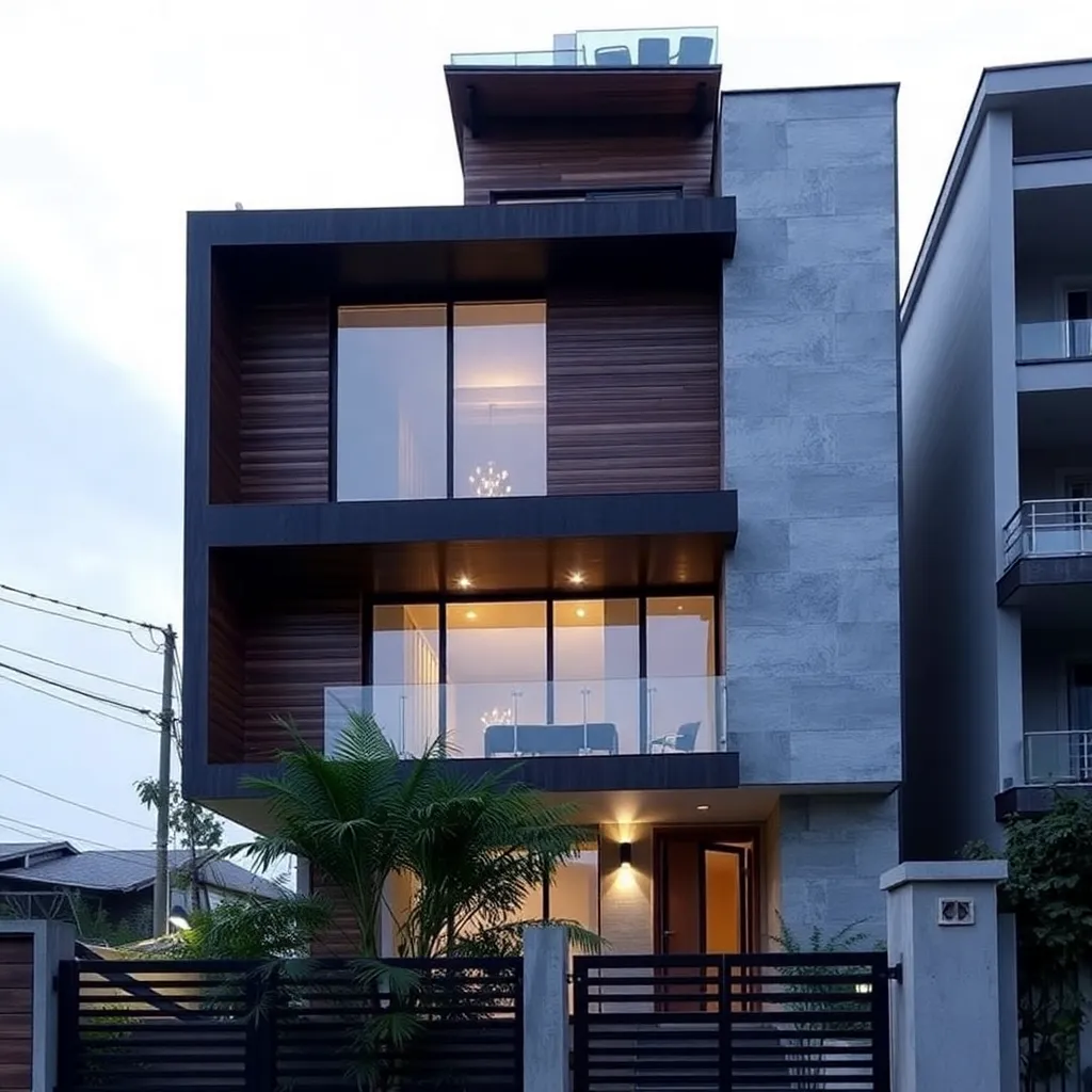 Modern 2 story house with wood and glass facade, residential, Mumbai [MH]