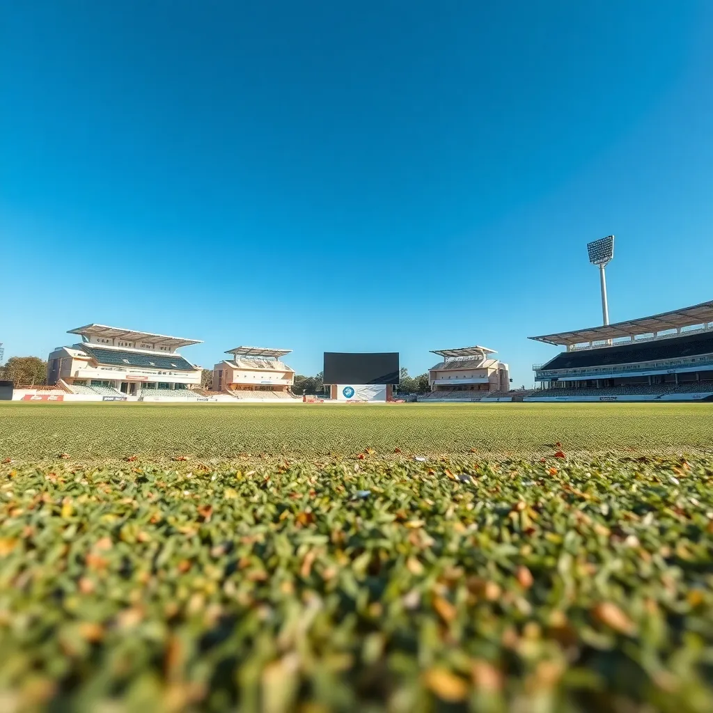 Close-up image of a cricket pitch at Ekana Cricket Stadium showing the wicket and surrounding field under clear skies