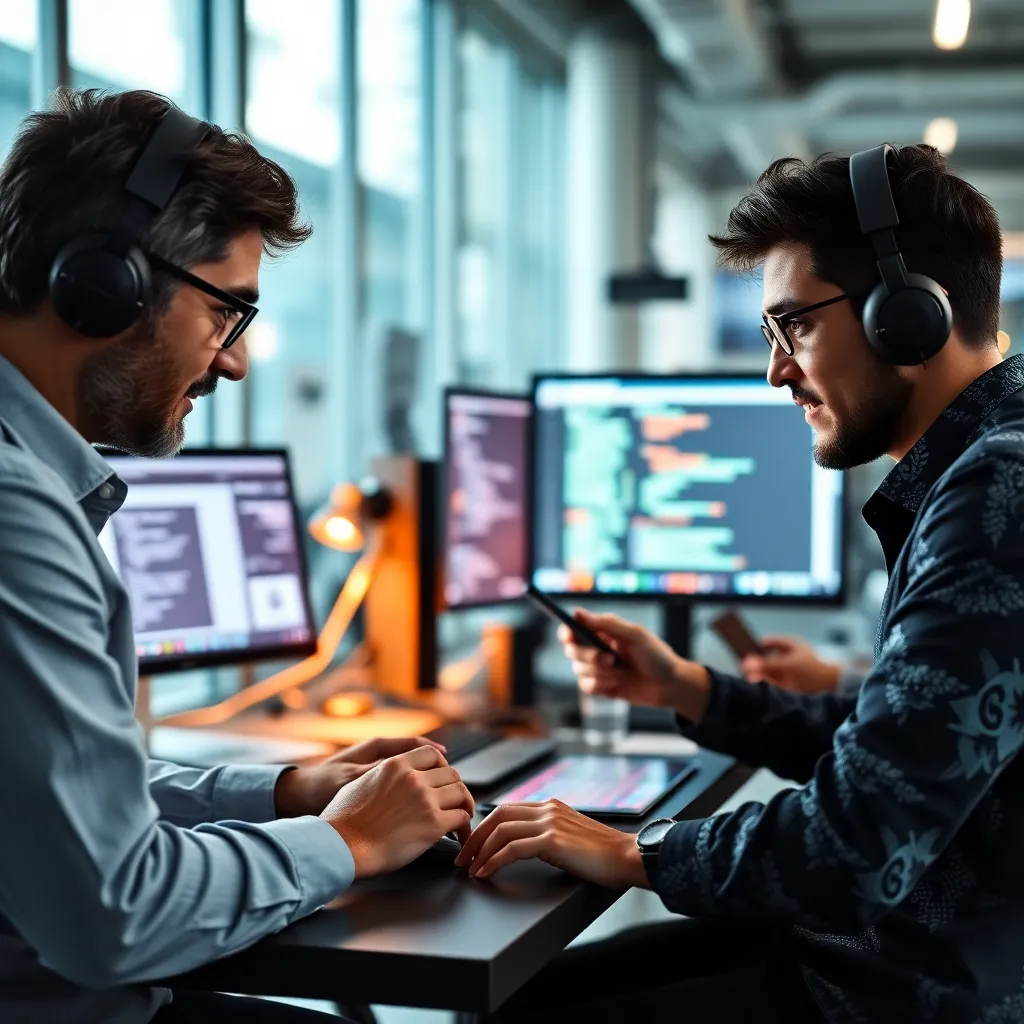 Technology industry showing software developers collaborating in a modern office with computers and digital devices