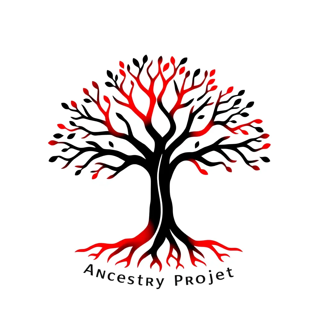 Dloziville Ancestry Project logo, a stylized tree with roots and branches in red and white colors on dark background