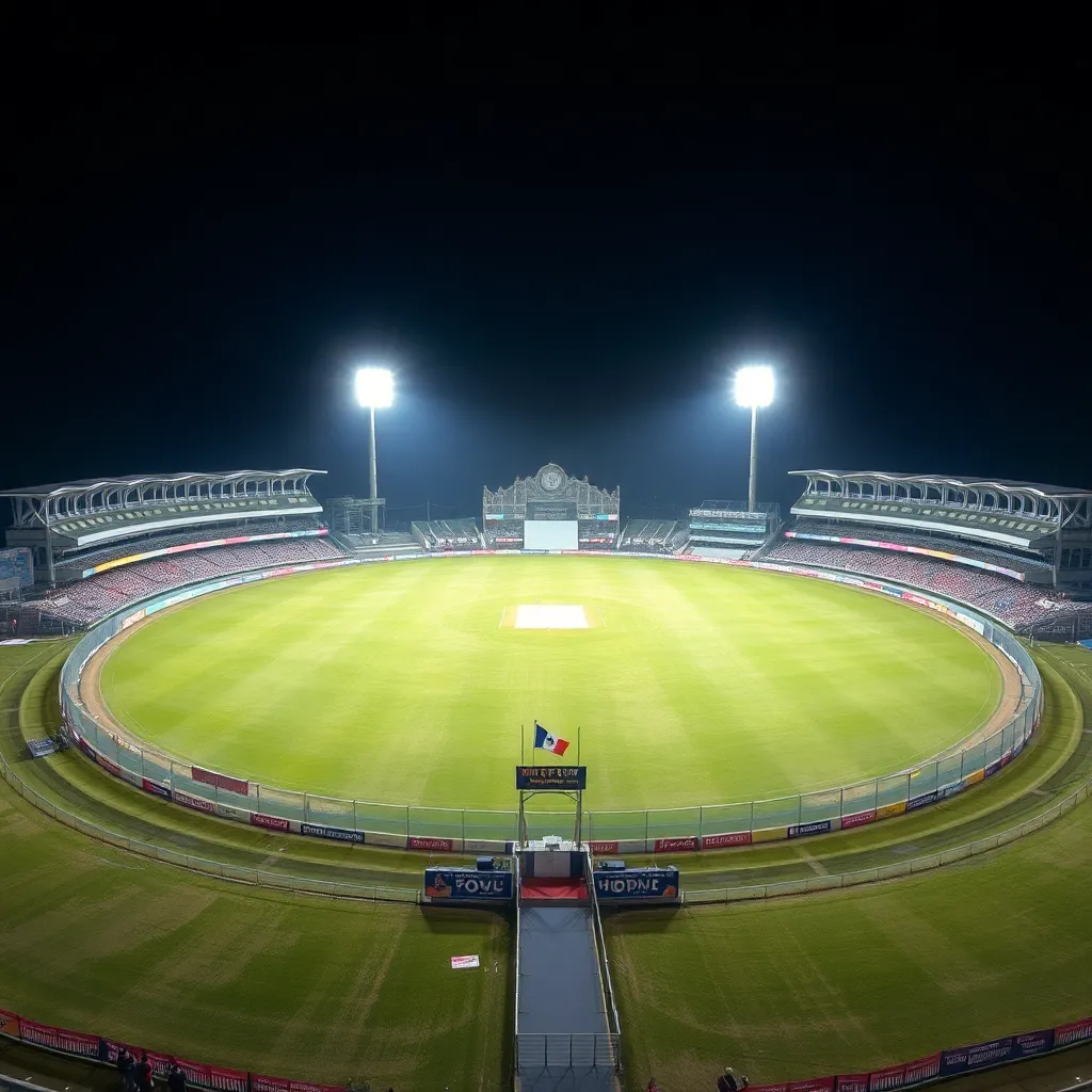 Wide shot of Himachal Pradesh Cricket Association Stadium in Dharamsala during a day match with floodlights visible