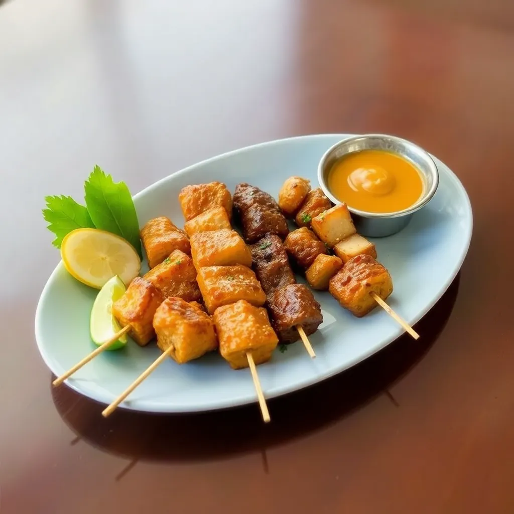 Set Sate Kombo with chicken and beef satay skewers served with peanut sauce and ketupat